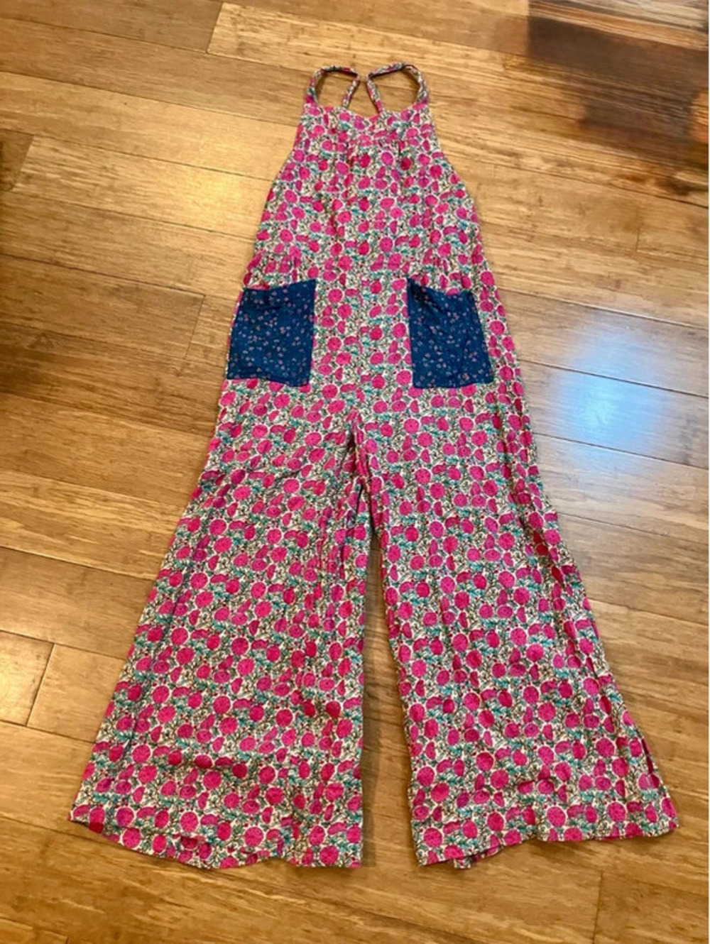 Natural Life Womens Halter Jumpsuit Pink Pomegranate Block Print Cotton Boho Lg